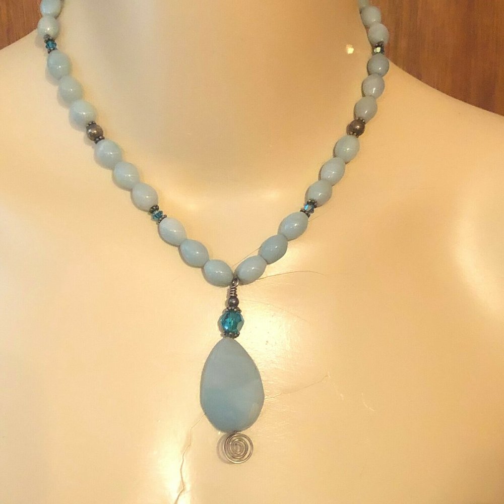 Vintage Sterling Amazonite Bead Pendant Necklace